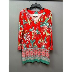 Pappagallo Tunic Top Women Size Large Red Floral V-Neck 3/4 Sleeve Boho Stretch